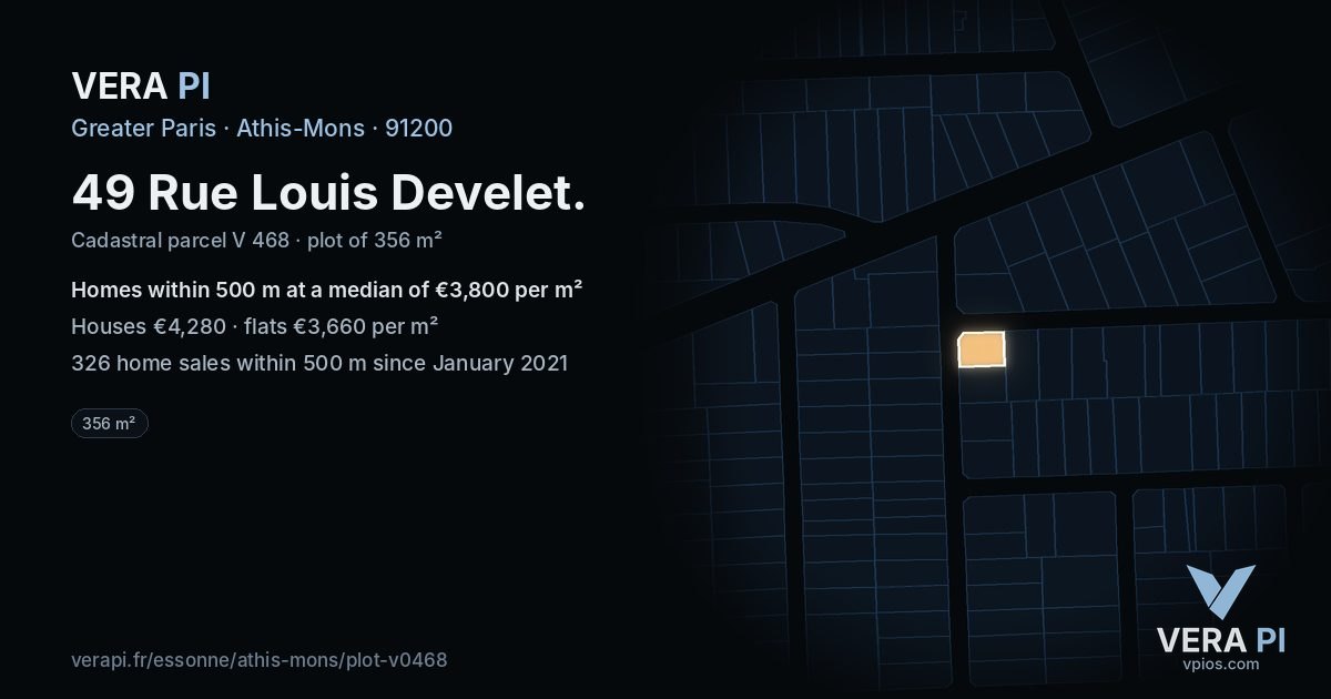 49 Rue Louis Develet, Athis-Mons at night – the plot lit, the parcels around coloured by the prices near them