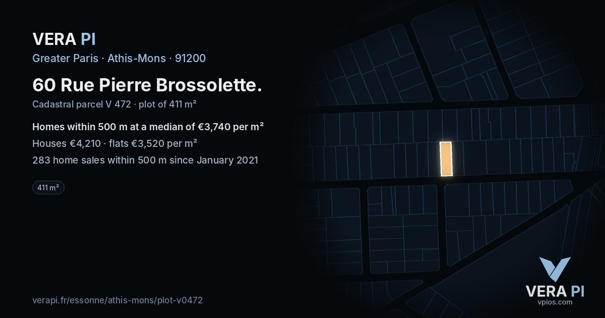 60 Rue Pierre Brossolette, Athis-Mons at night – the plot lit, the parcels around coloured by the prices near them