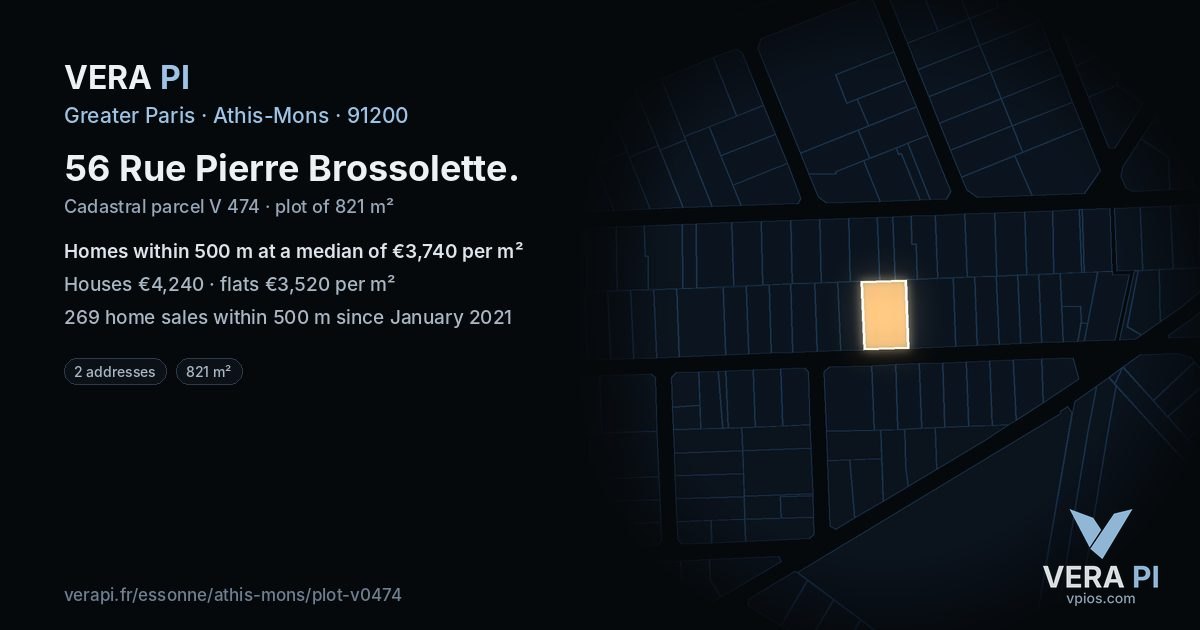 56 Rue Pierre Brossolette, Athis-Mons at night – the plot lit, the parcels around coloured by the prices near them