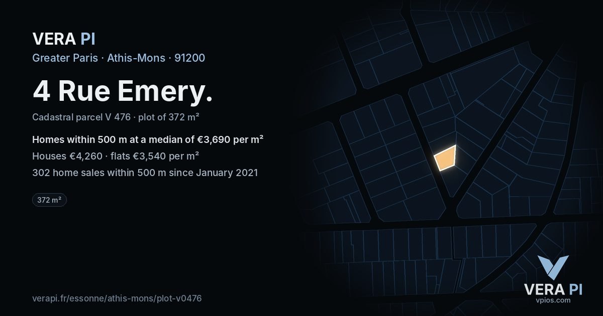 4 Rue Emery, Athis-Mons at night – the plot lit, the parcels around coloured by the prices near them