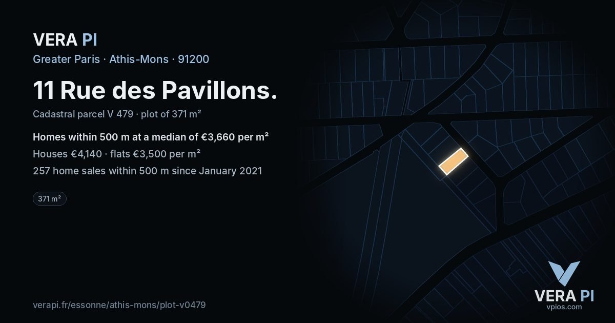 11 Rue des Pavillons, Athis-Mons at night – the plot lit, the parcels around coloured by the prices near them