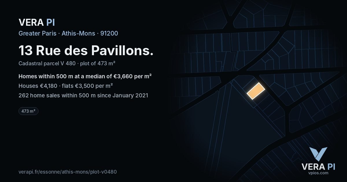 13 Rue des Pavillons, Athis-Mons at night – the plot lit, the parcels around coloured by the prices near them