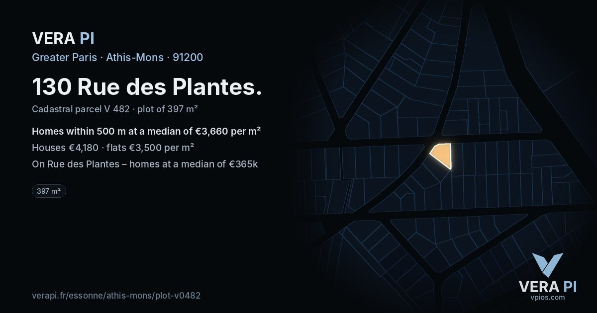 130 Rue des Plantes, Athis-Mons at night – the plot lit, the parcels around coloured by the prices near them