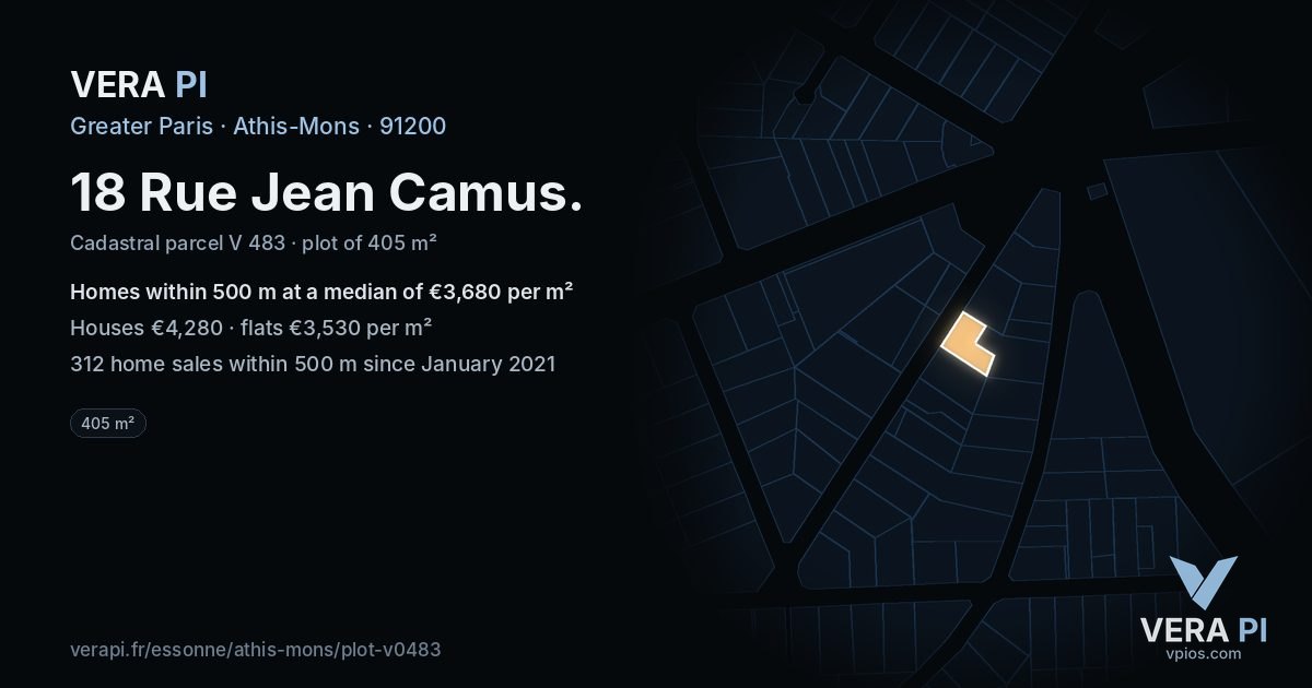 18 Rue Jean Camus, Athis-Mons at night – the plot lit, the parcels around coloured by the prices near them