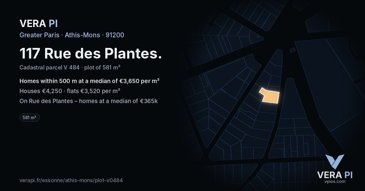117 Rue des Plantes, Athis-Mons at night – the plot lit, the parcels around coloured by the prices near them