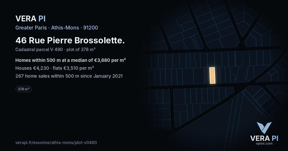 46 Rue Pierre Brossolette, Athis-Mons at night – the plot lit, the parcels around coloured by the prices near them