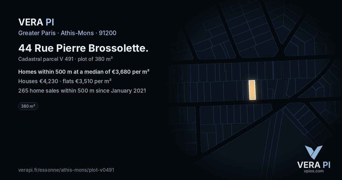 44 Rue Pierre Brossolette, Athis-Mons at night – the plot lit, the parcels around coloured by the prices near them