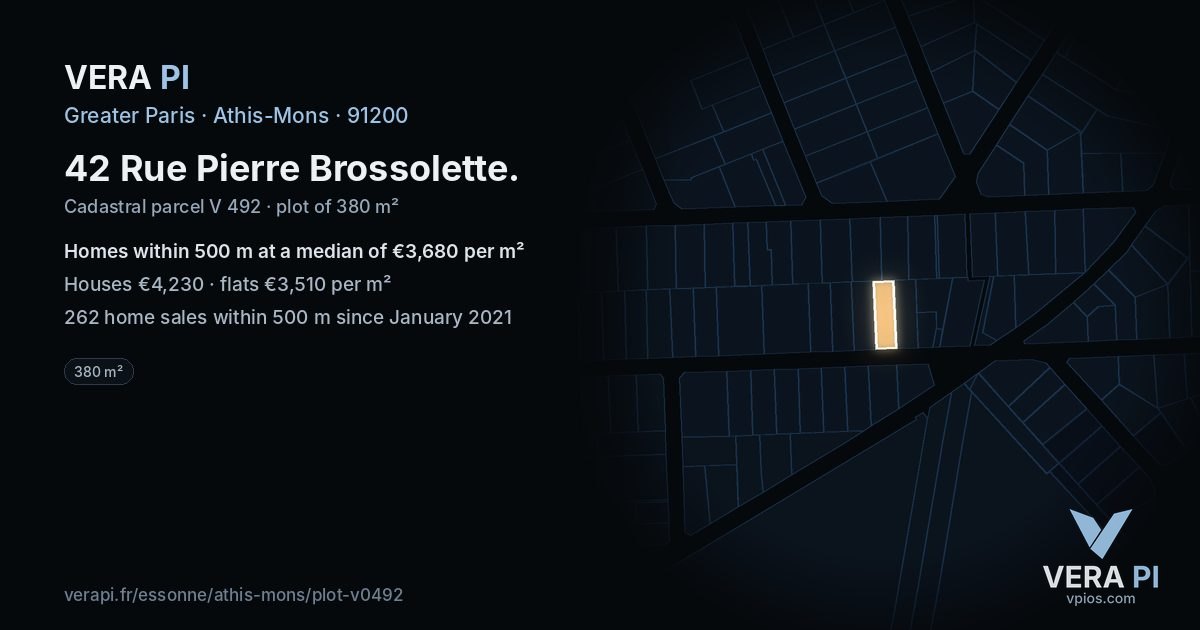 42 Rue Pierre Brossolette, Athis-Mons at night – the plot lit, the parcels around coloured by the prices near them
