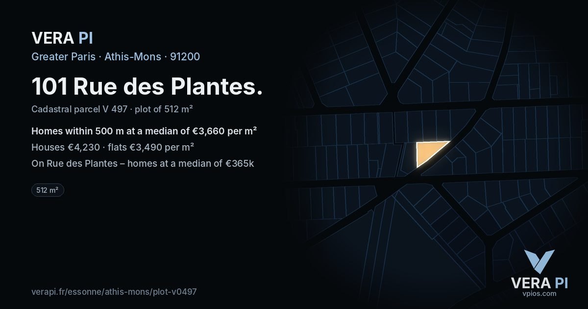 101 Rue des Plantes, Athis-Mons at night – the plot lit, the parcels around coloured by the prices near them