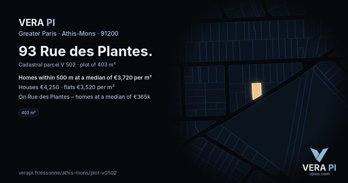 93 Rue des Plantes, Athis-Mons at night – the plot lit, the parcels around coloured by the prices near them