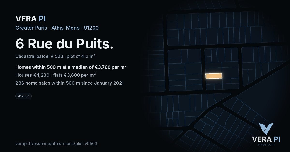 6 Rue du Puits, Athis-Mons at night – the plot lit, the parcels around coloured by the prices near them