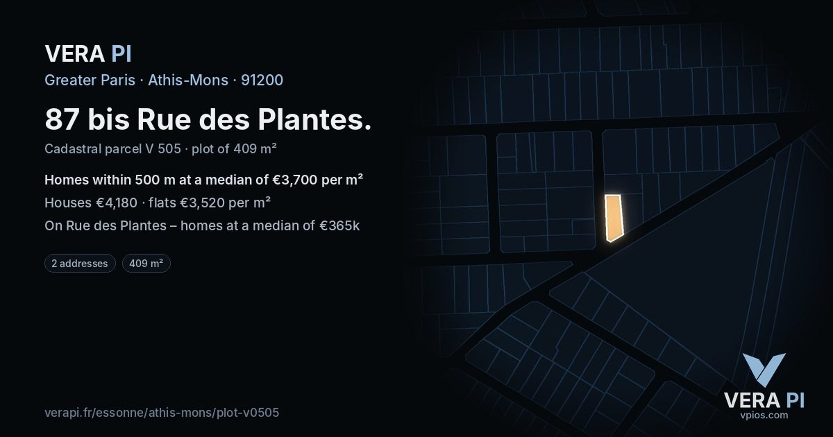 87 bis Rue des Plantes, Athis-Mons at night – the plot lit, the parcels around coloured by the prices near them