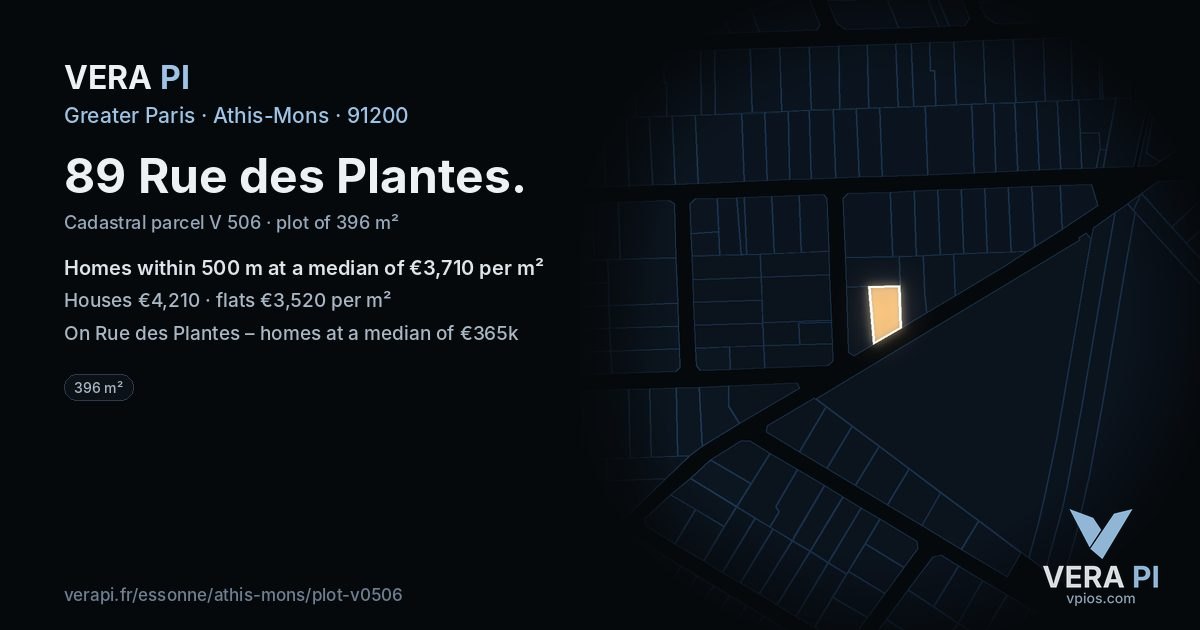 89 Rue des Plantes, Athis-Mons at night – the plot lit, the parcels around coloured by the prices near them