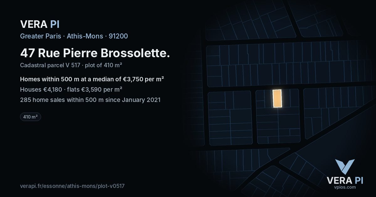 47 Rue Pierre Brossolette, Athis-Mons at night – the plot lit, the parcels around coloured by the prices near them