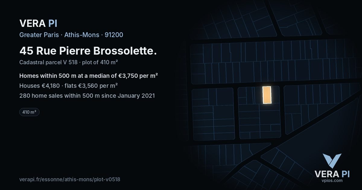 45 Rue Pierre Brossolette, Athis-Mons at night – the plot lit, the parcels around coloured by the prices near them