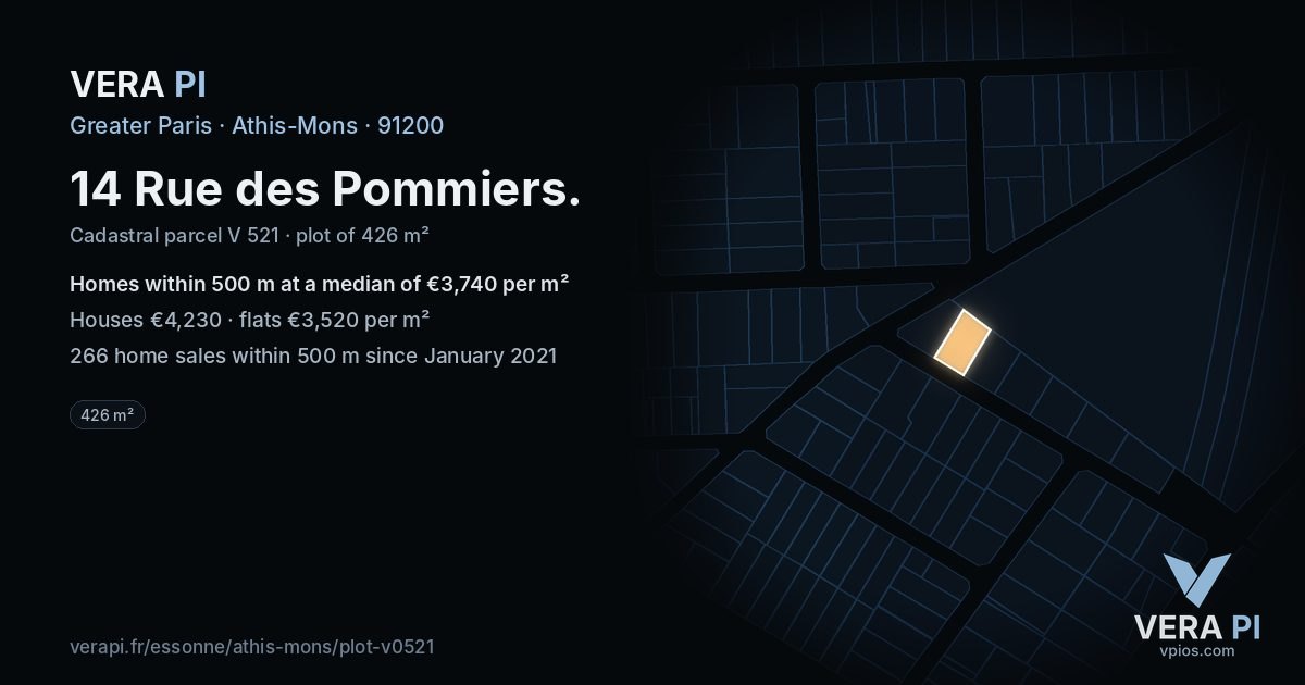 14 Rue des Pommiers, Athis-Mons at night – the plot lit, the parcels around coloured by the prices near them