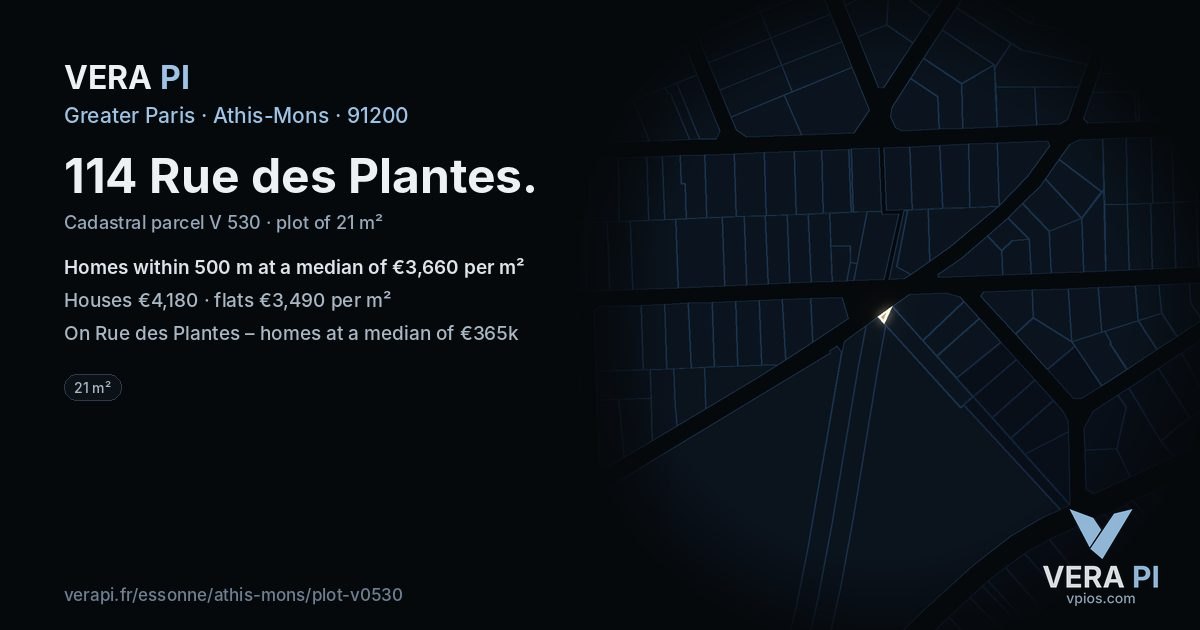 114 Rue des Plantes, Athis-Mons at night – the plot lit, the parcels around coloured by the prices near them