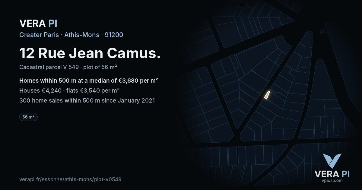 12 Rue Jean Camus, Athis-Mons at night – the plot lit, the parcels around coloured by the prices near them
