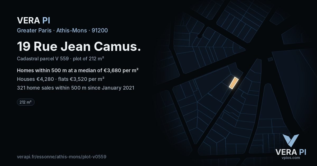 19 Rue Jean Camus, Athis-Mons at night – the plot lit, the parcels around coloured by the prices near them