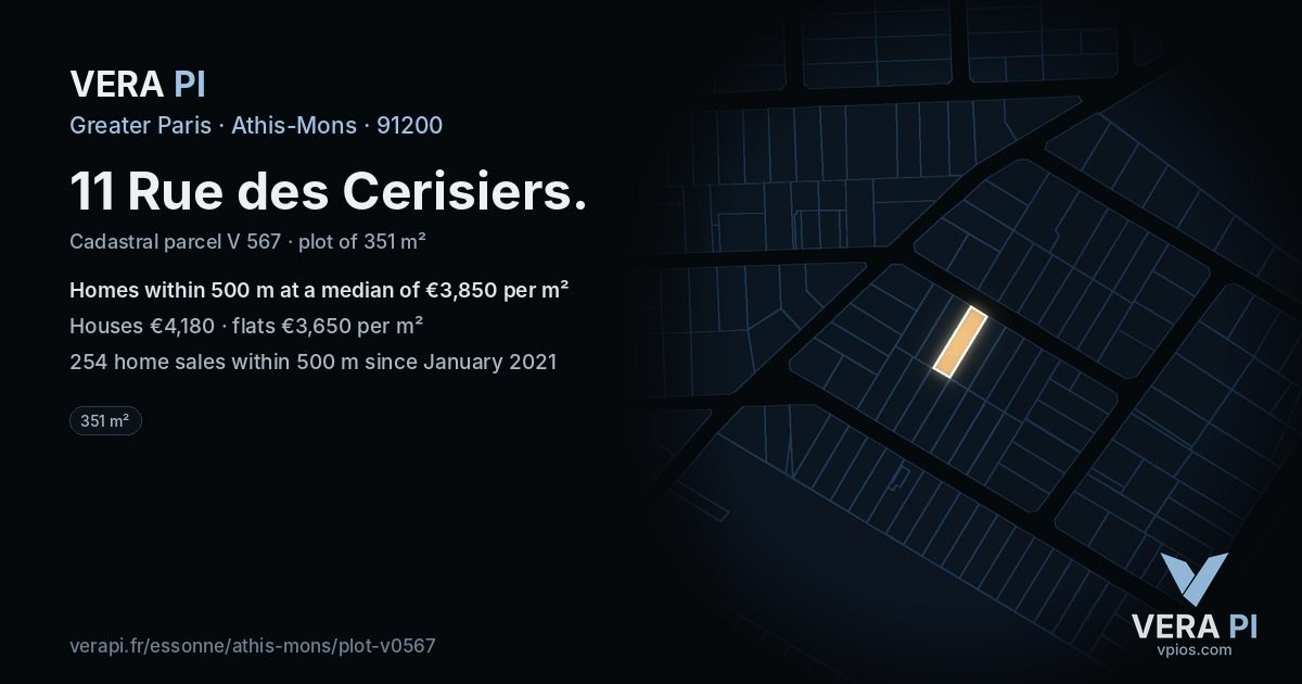 11 Rue des Cerisiers, Athis-Mons at night – the plot lit, the parcels around coloured by the prices near them