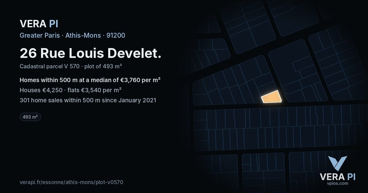 26 Rue Louis Develet, Athis-Mons at night – the plot lit, the parcels around coloured by the prices near them