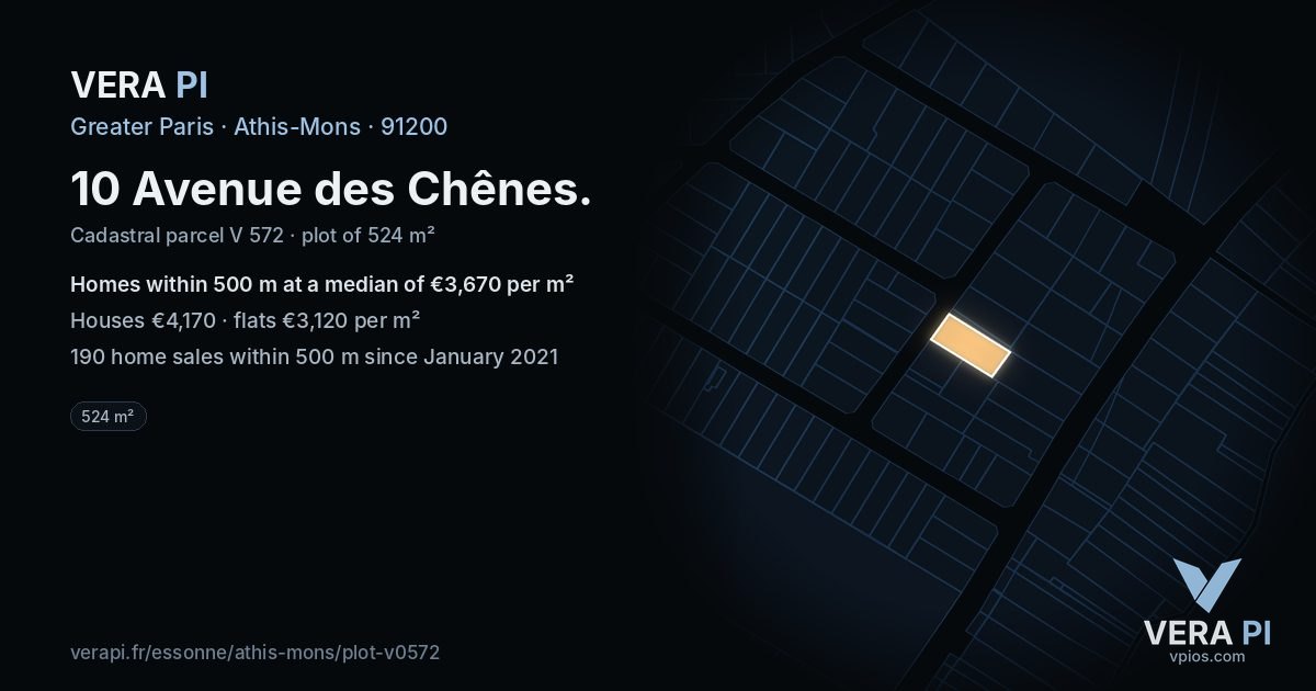 10 Avenue des Chênes, Athis-Mons at night – the plot lit, the parcels around coloured by the prices near them