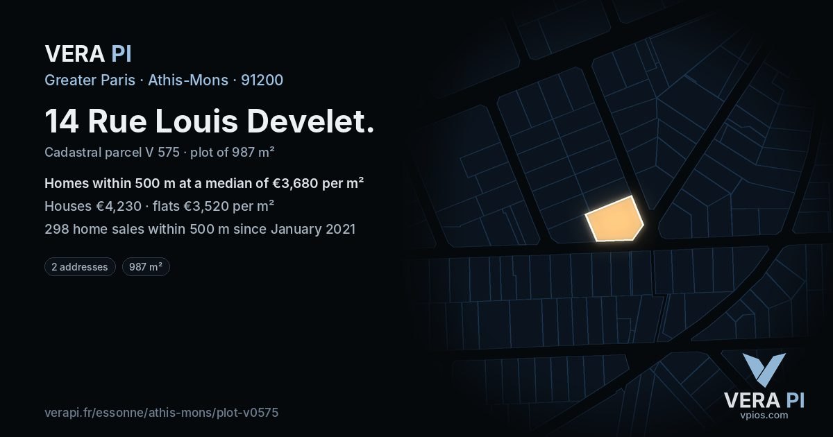 14 Rue Louis Develet, Athis-Mons at night – the plot lit, the parcels around coloured by the prices near them