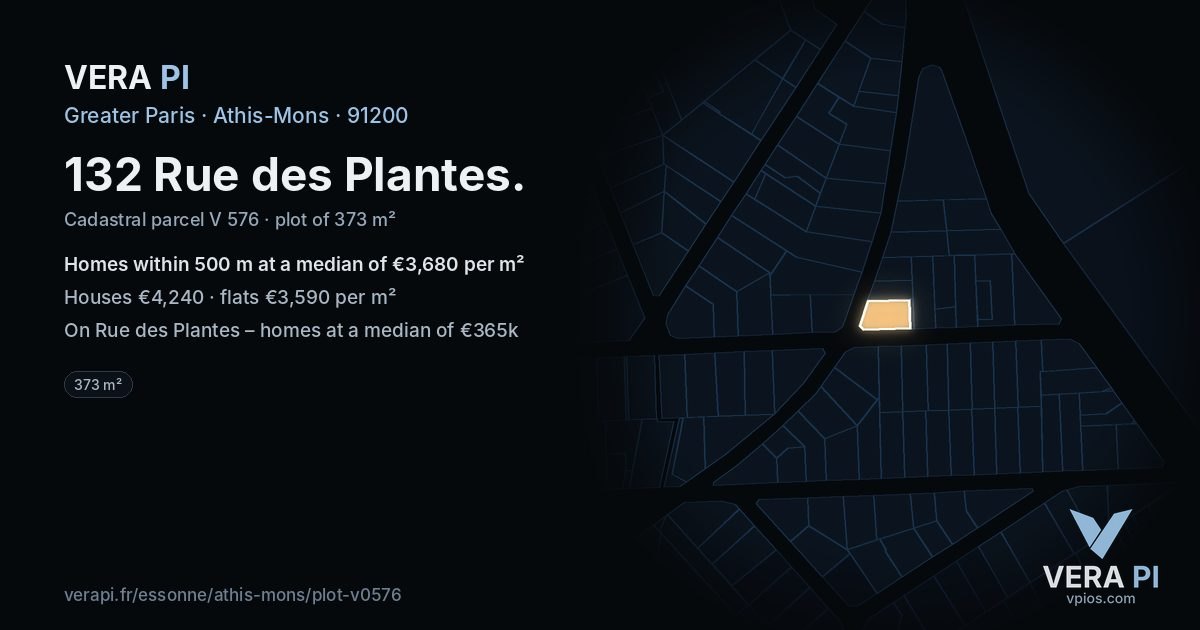 132 Rue des Plantes, Athis-Mons at night – the plot lit, the parcels around coloured by the prices near them