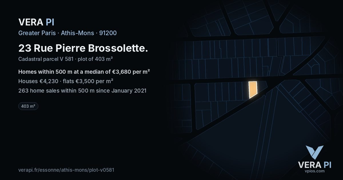 23 Rue Pierre Brossolette, Athis-Mons at night – the plot lit, the parcels around coloured by the prices near them