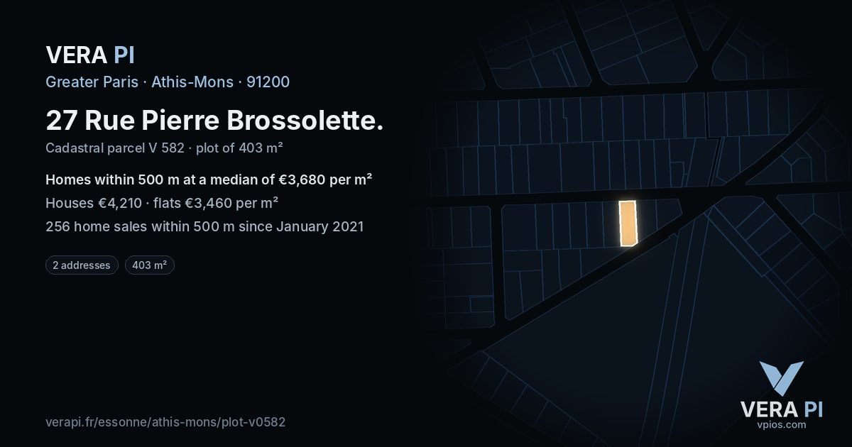 27 Rue Pierre Brossolette, Athis-Mons at night – the plot lit, the parcels around coloured by the prices near them