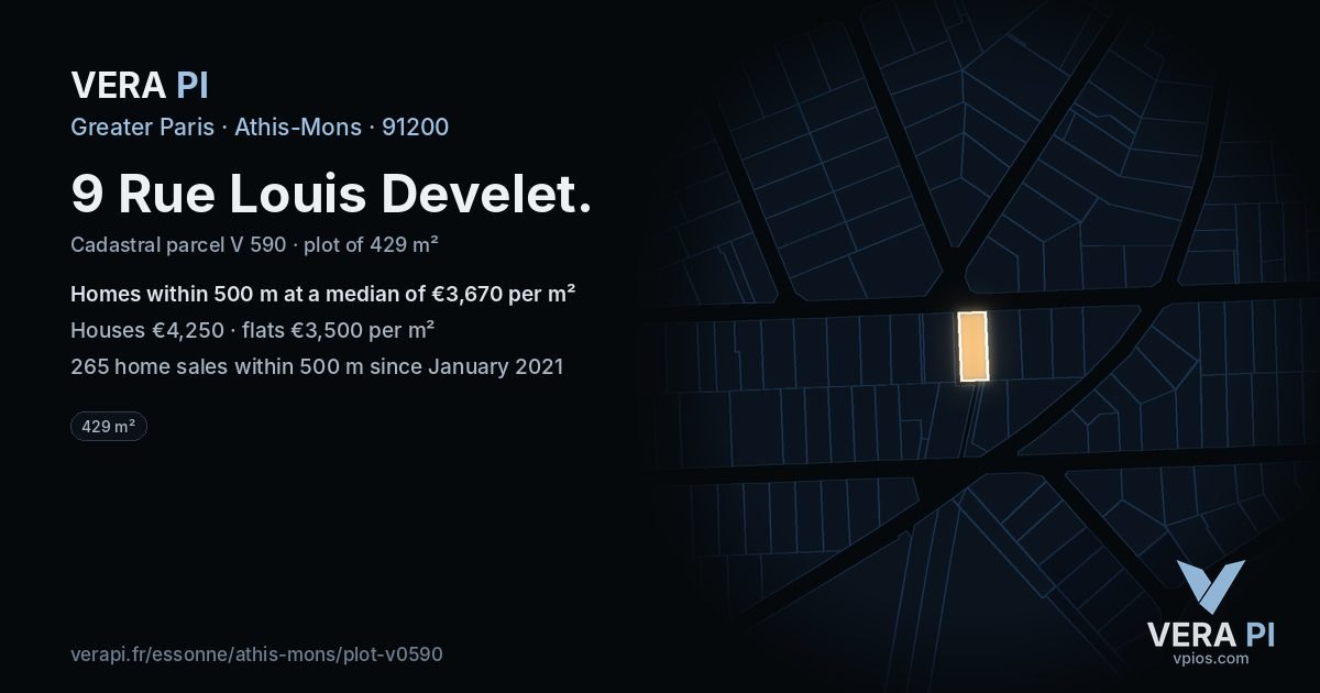 9 Rue Louis Develet, Athis-Mons at night – the plot lit, the parcels around coloured by the prices near them