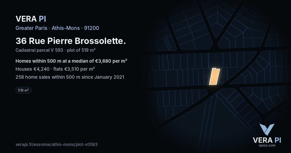 36 Rue Pierre Brossolette, Athis-Mons at night – the plot lit, the parcels around coloured by the prices near them