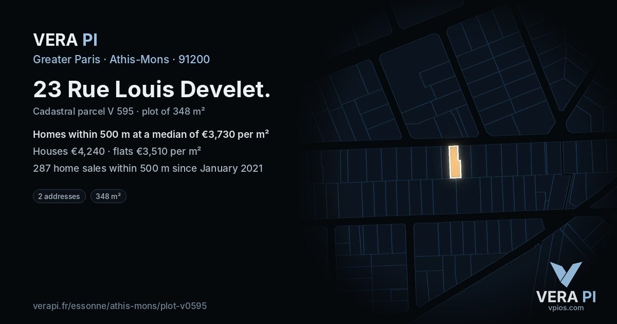 23 Rue Louis Develet, Athis-Mons at night – the plot lit, the parcels around coloured by the prices near them