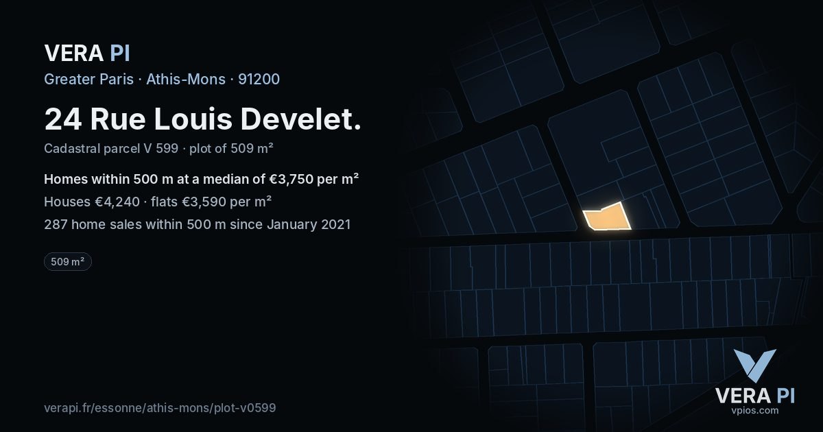 24 Rue Louis Develet, Athis-Mons at night – the plot lit, the parcels around coloured by the prices near them