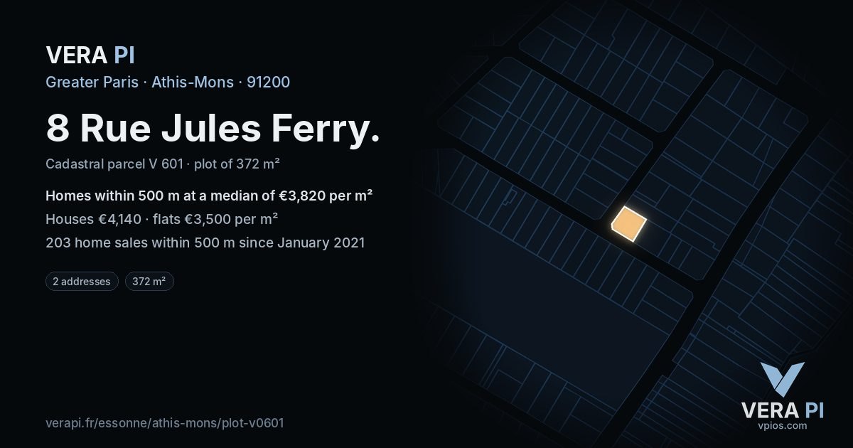 8 Rue Jules Ferry, Athis-Mons at night – the plot lit, the parcels around coloured by the prices near them
