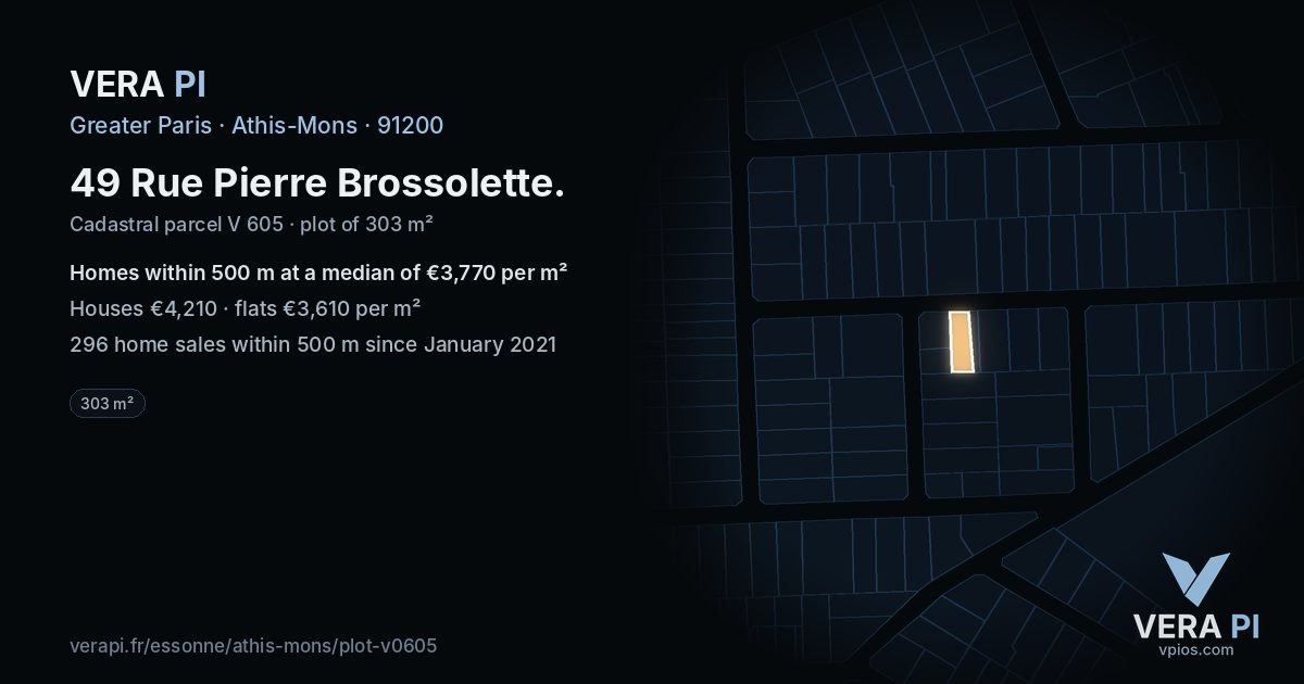 49 Rue Pierre Brossolette, Athis-Mons at night – the plot lit, the parcels around coloured by the prices near them