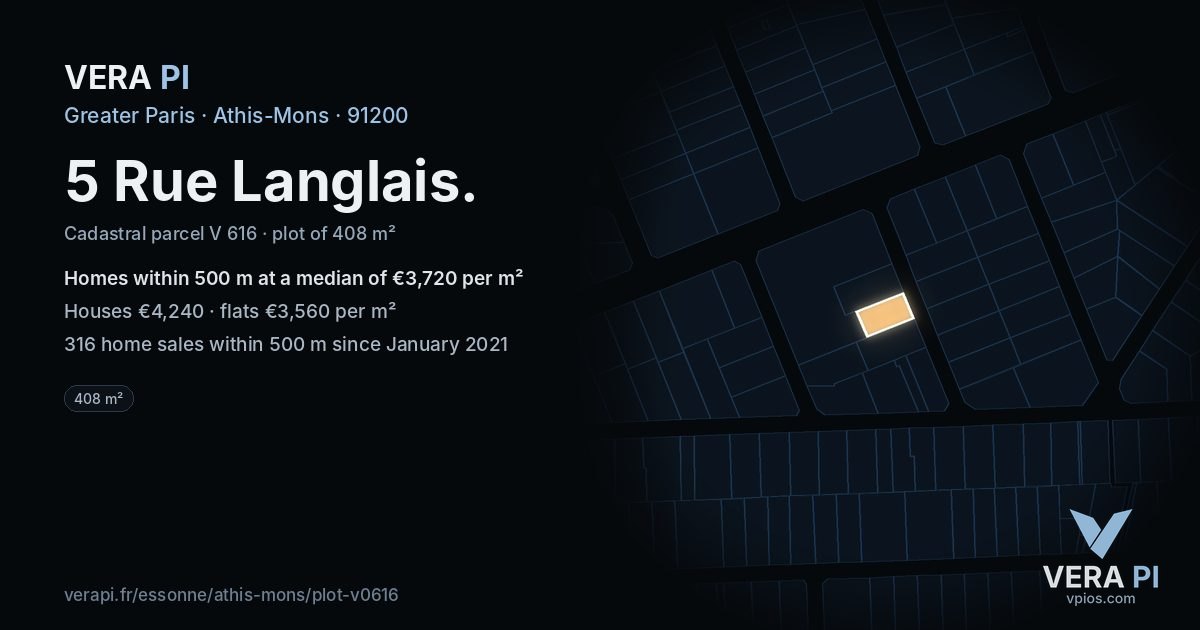 5 Rue Langlais, Athis-Mons at night – the plot lit, the parcels around coloured by the prices near them