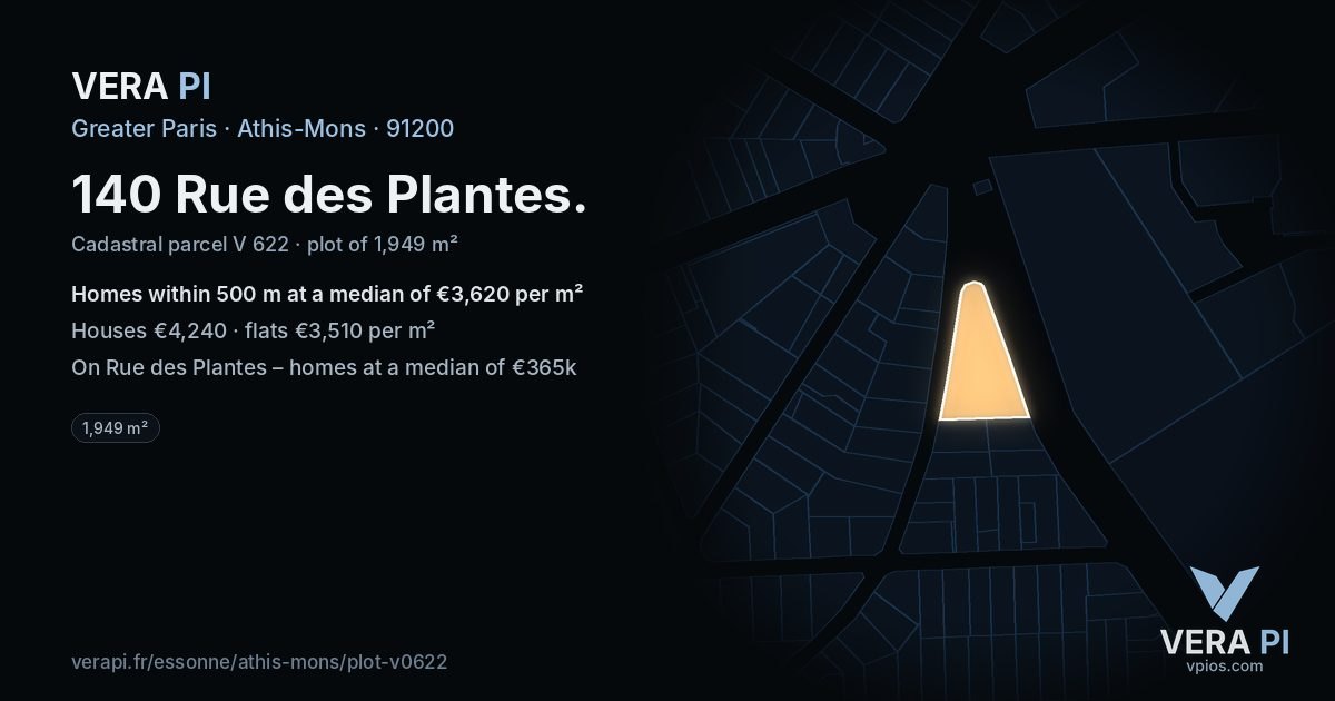 140 Rue des Plantes, Athis-Mons at night – the plot lit, the parcels around coloured by the prices near them
