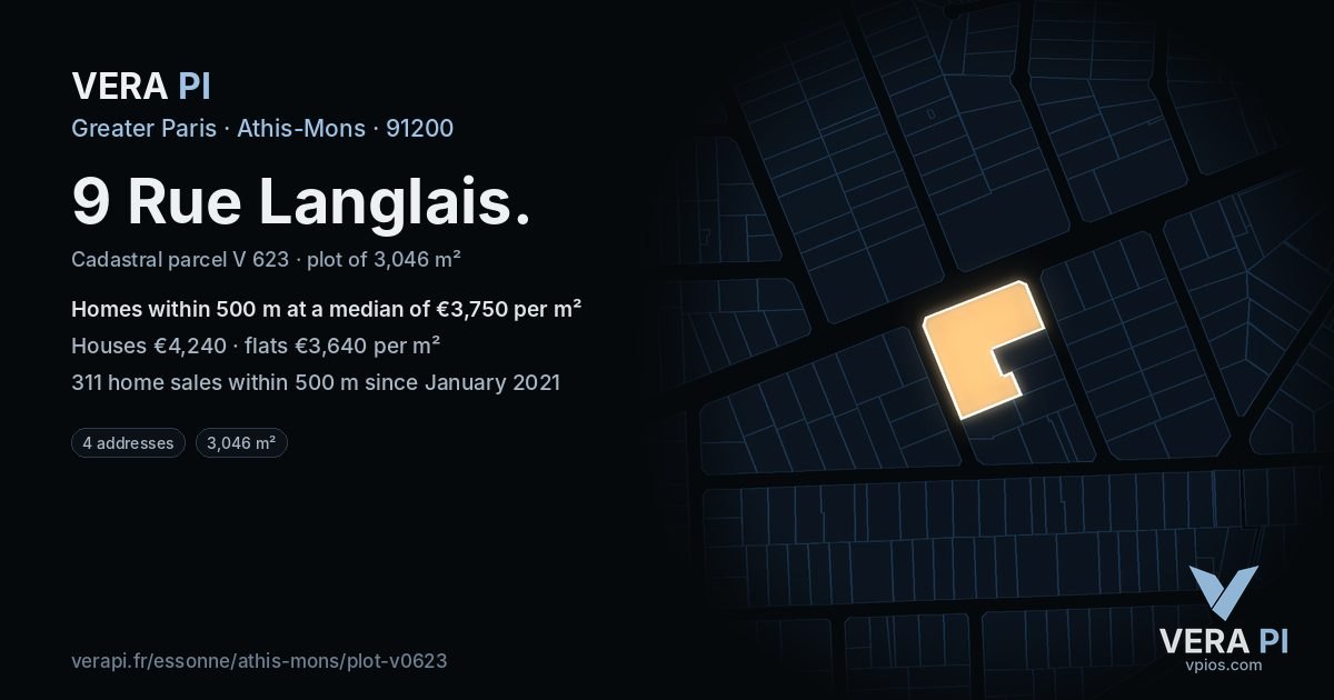 9 Rue Langlais, Athis-Mons at night – the plot lit, the parcels around coloured by the prices near them