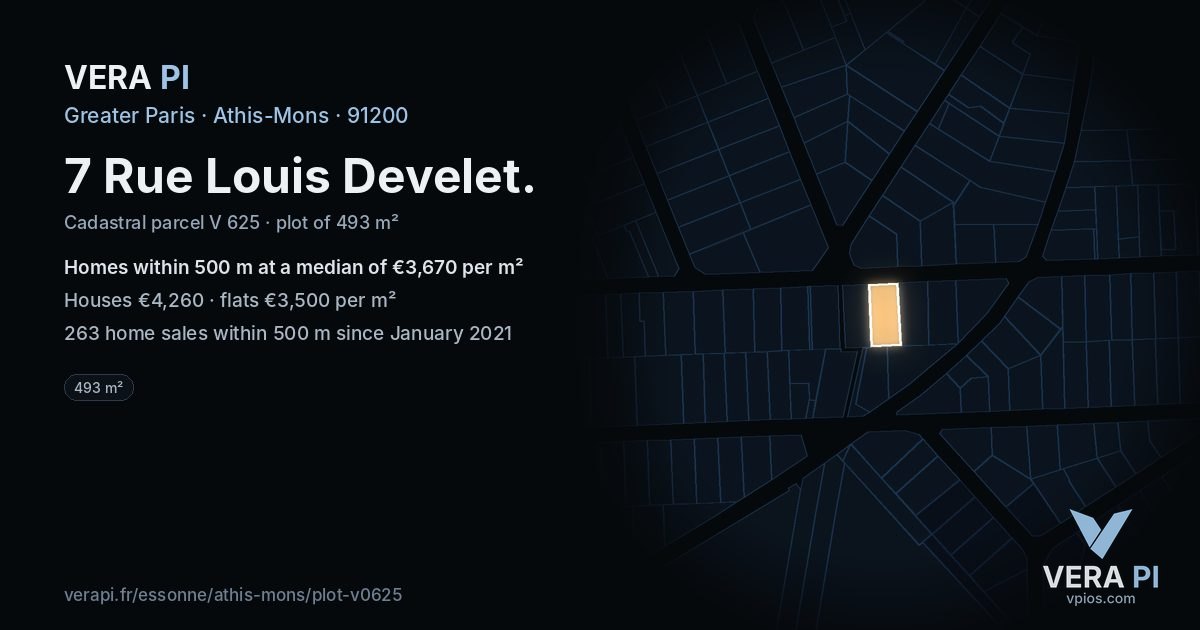 7 Rue Louis Develet, Athis-Mons at night – the plot lit, the parcels around coloured by the prices near them