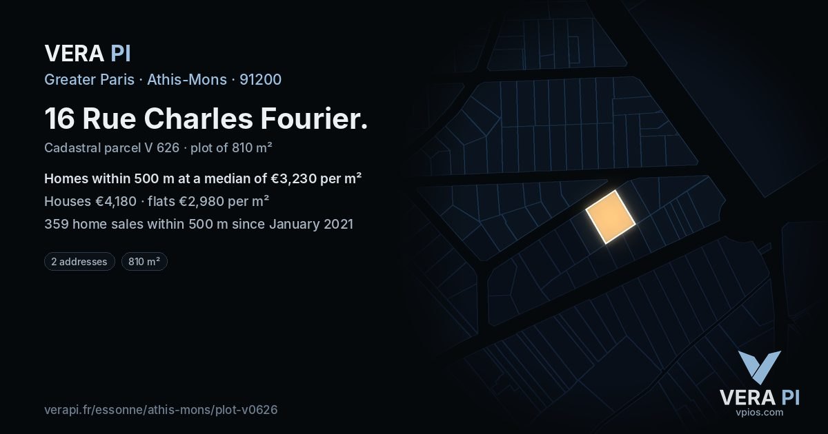 16 Rue Charles Fourier, Athis-Mons at night – the plot lit, the parcels around coloured by the prices near them