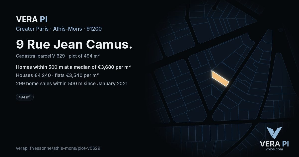 9 Rue Jean Camus, Athis-Mons at night – the plot lit, the parcels around coloured by the prices near them