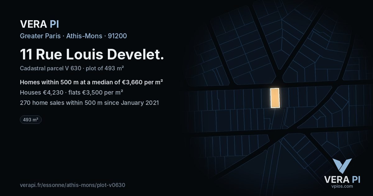 11 Rue Louis Develet, Athis-Mons at night – the plot lit, the parcels around coloured by the prices near them