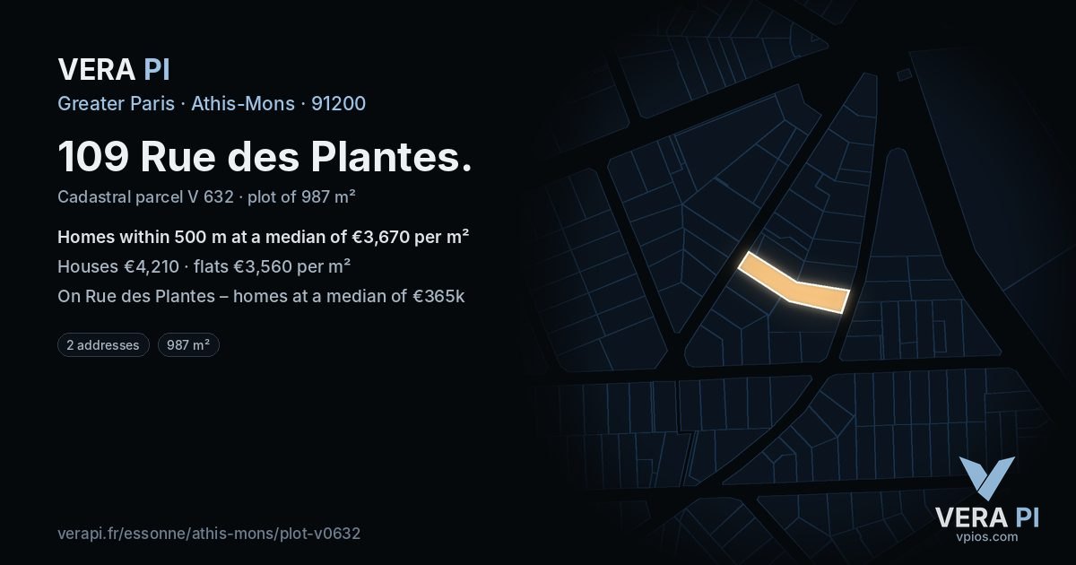 109 Rue des Plantes, Athis-Mons at night – the plot lit, the parcels around coloured by the prices near them