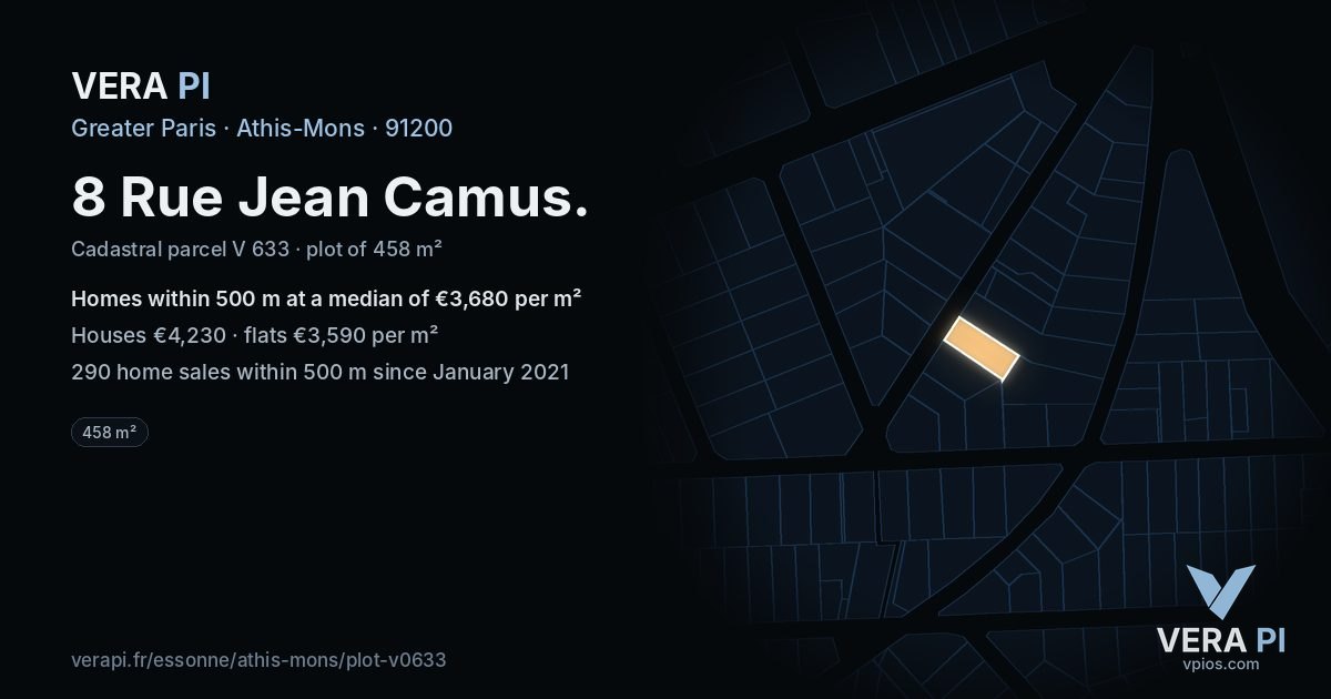 8 Rue Jean Camus, Athis-Mons at night – the plot lit, the parcels around coloured by the prices near them