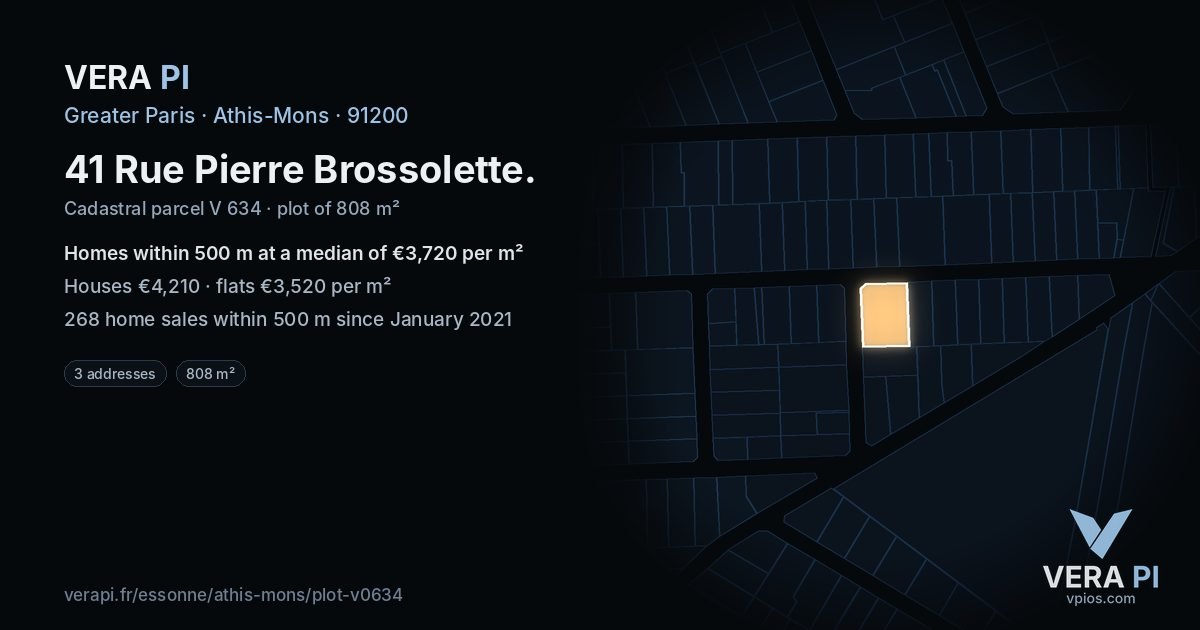 41 Rue Pierre Brossolette, Athis-Mons at night – the plot lit, the parcels around coloured by the prices near them
