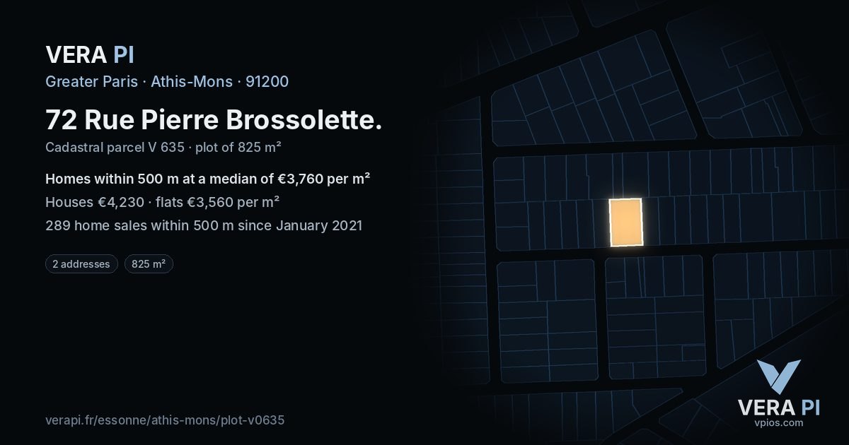72 Rue Pierre Brossolette, Athis-Mons at night – the plot lit, the parcels around coloured by the prices near them