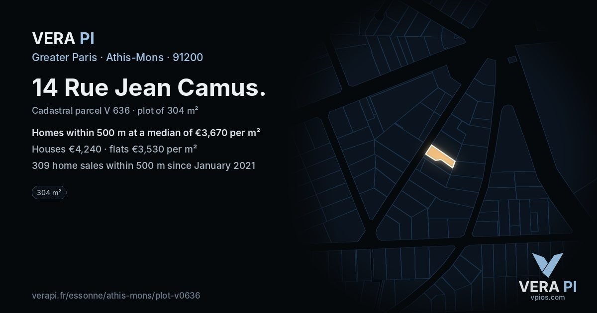 14 Rue Jean Camus, Athis-Mons at night – the plot lit, the parcels around coloured by the prices near them
