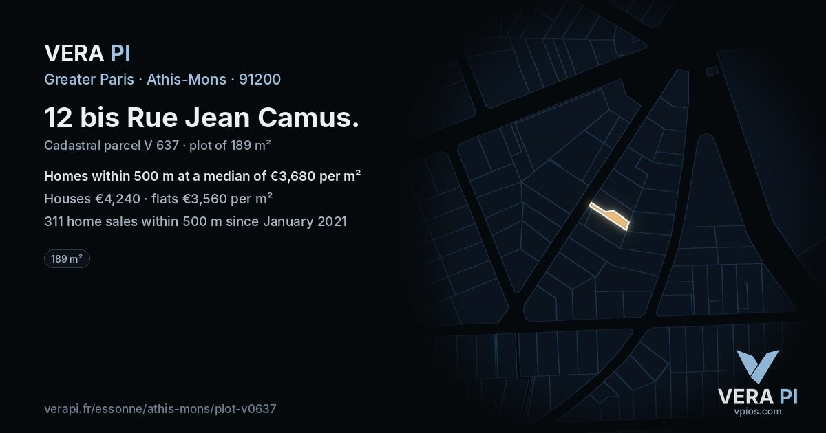 12 bis Rue Jean Camus, Athis-Mons at night – the plot lit, the parcels around coloured by the prices near them