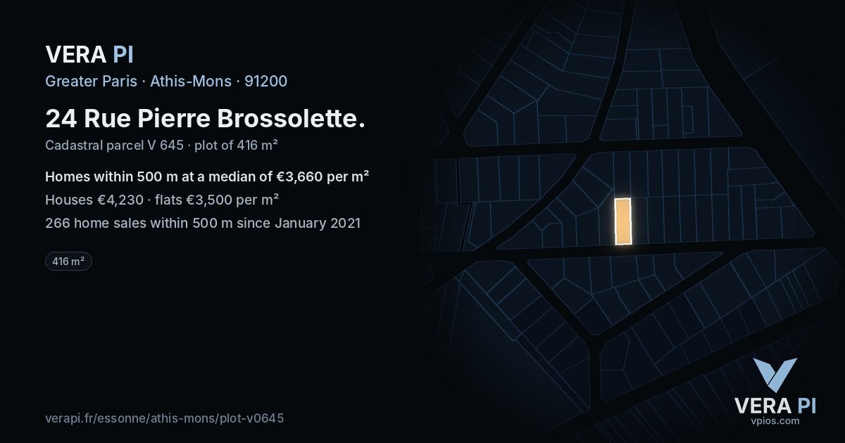 24 Rue Pierre Brossolette, Athis-Mons at night – the plot lit, the parcels around coloured by the prices near them